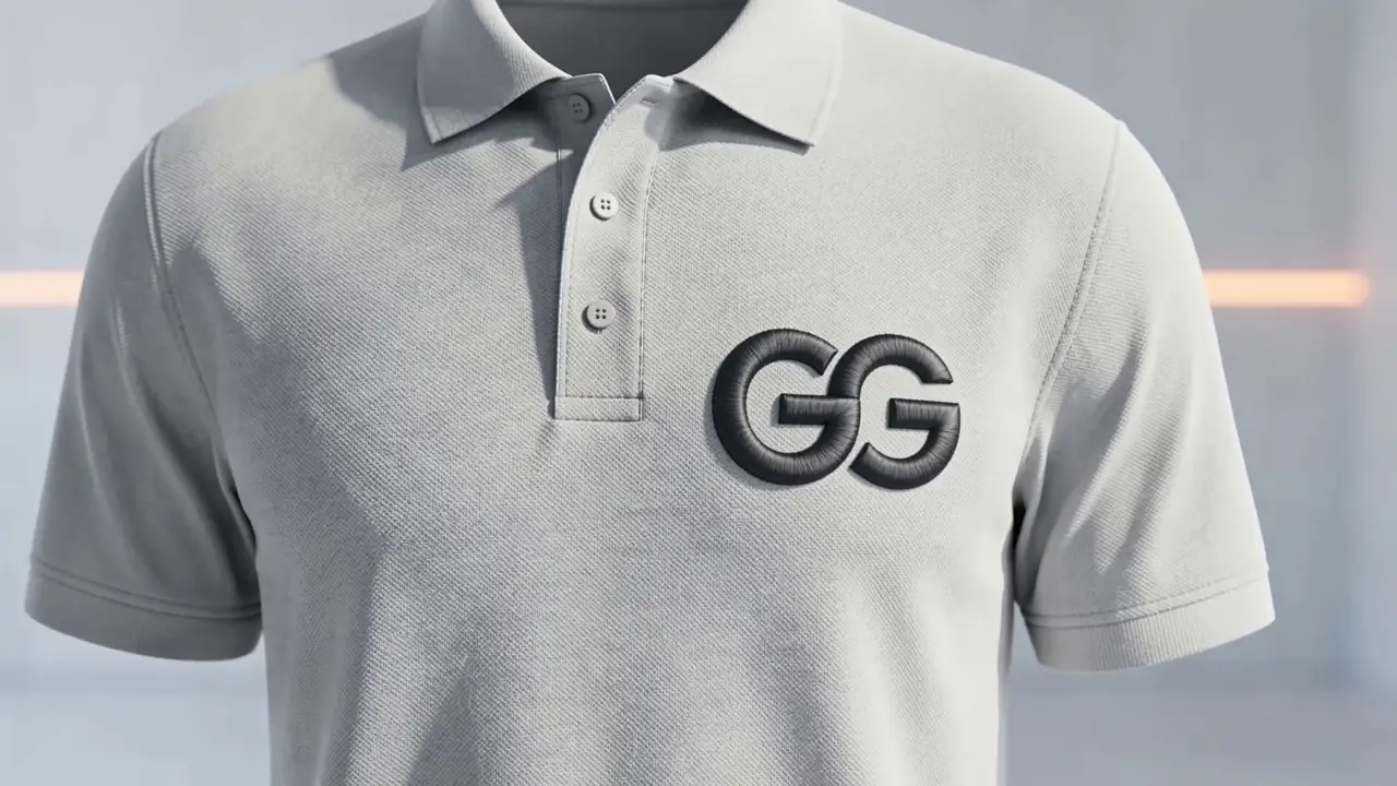 Polo gris brodé du logo GalerieGRAPH, vu en gros plan