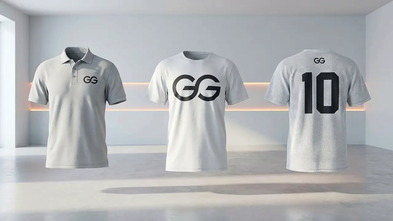 Polo brodé, t-shirt et maillot marqués GalerieGRAPH, présentés côte à côte